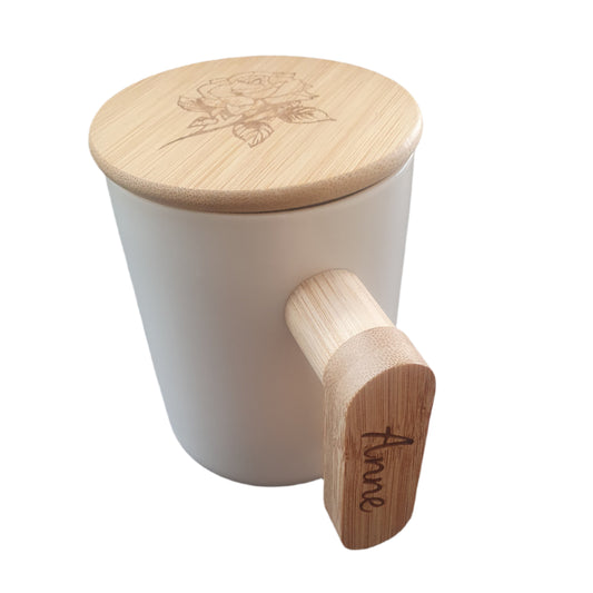 Personalised Ceramic Mug with Wood Handle and Lid