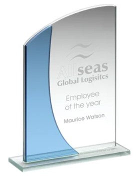 Personalised Blue & Clear Glass Curved Top Plaque Award